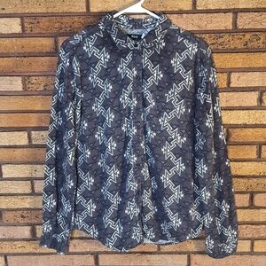 BDG Gray and White Medium Aztec Patterned Button Down Shirt